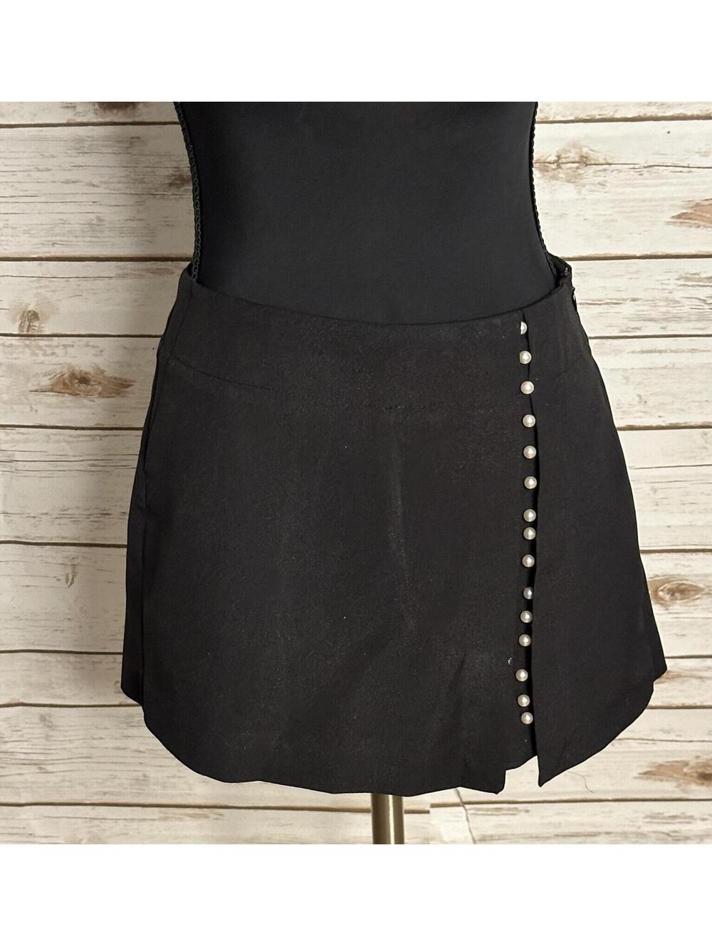Zara Basic black pearl embellished wrap-style skort XS minimalist modern classic